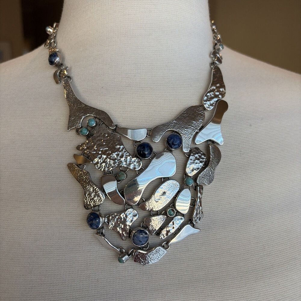 Bib Silver Necklace Cabuchon HOB 925 Hammered